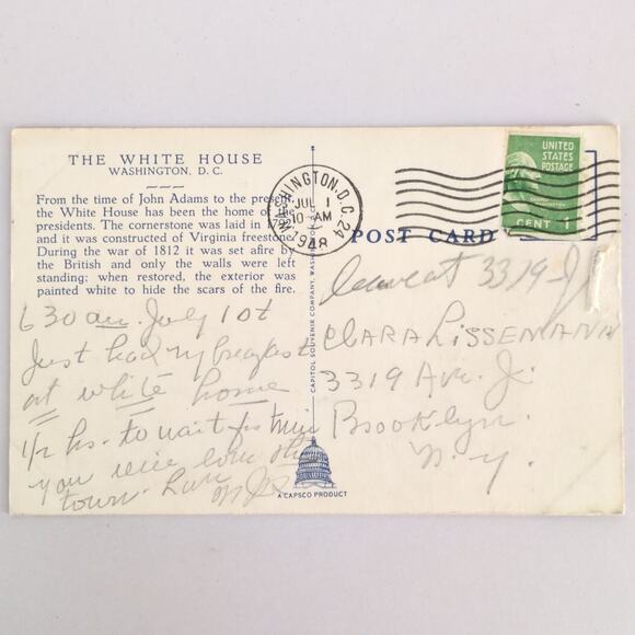 Vintage Washington DC Linen Postcard The White House 1948 Front View - Picture 2 of 2